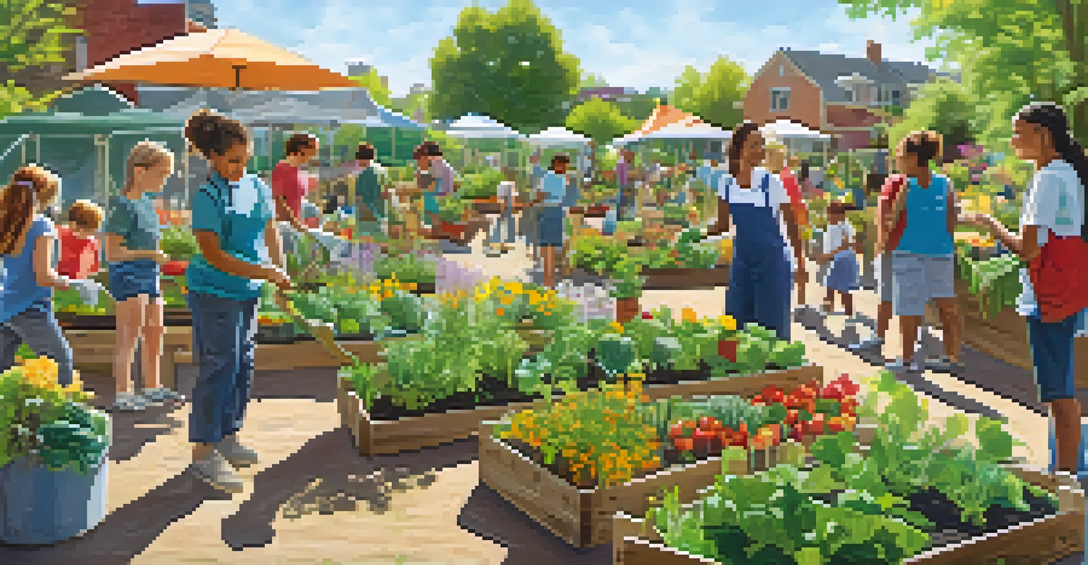 A diverse group of people working together in a community garden, planting flowers and vegetables under bright sunlight.