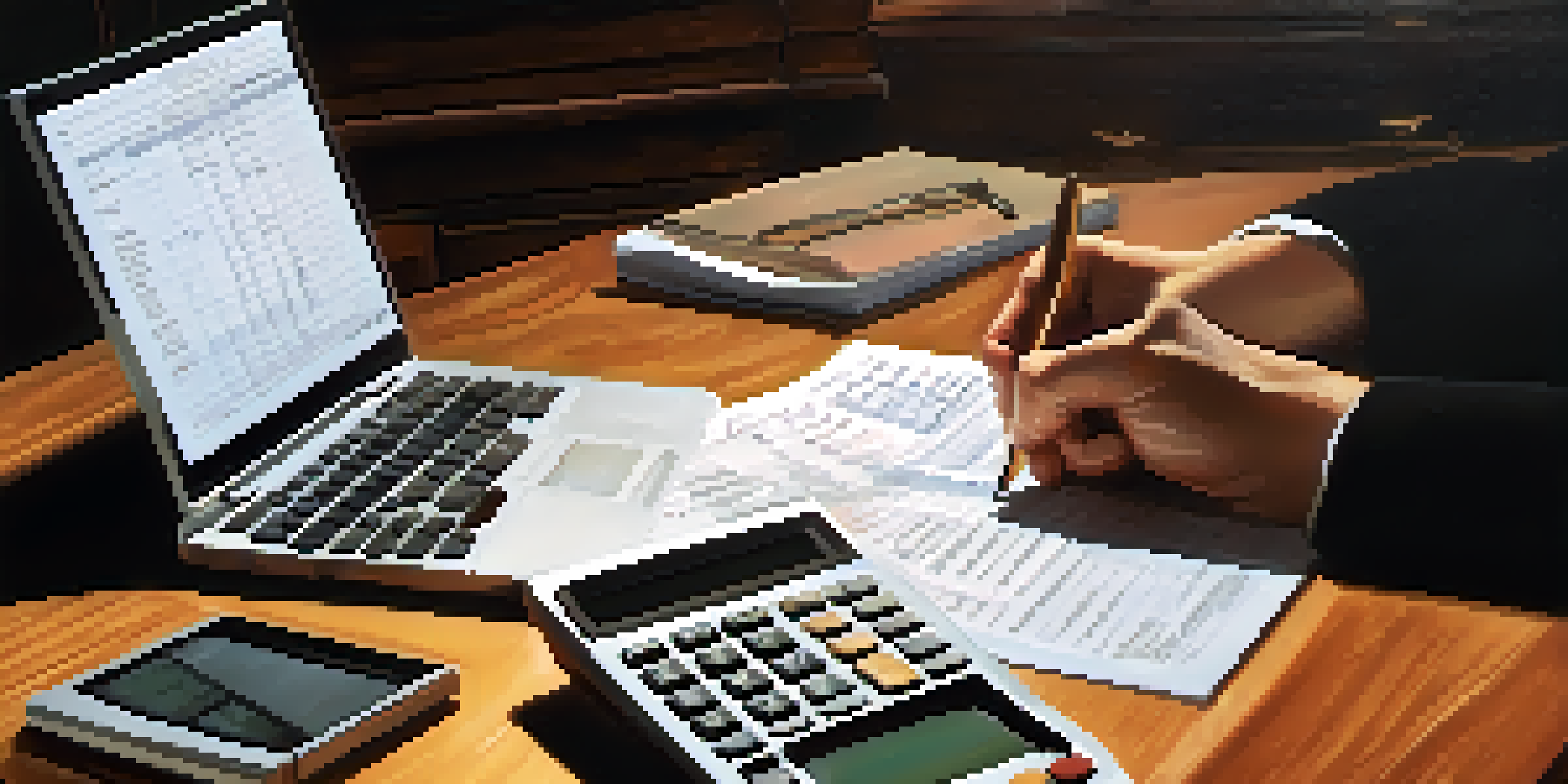 Close-up of two hands working together on financial planning, one hand holding a calculator and the other a notepad with figures.