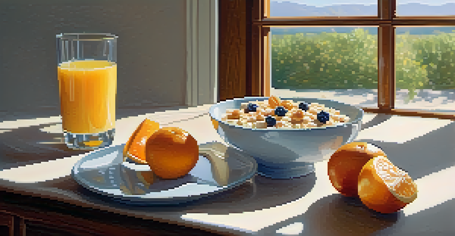 A breakfast table with a bowl of oatmeal topped with fruits and nuts, and a glass of orange juice, illuminated by morning light.