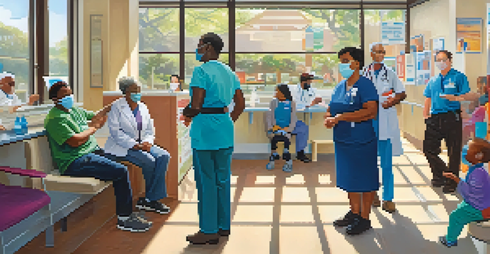 A diverse group of people at a community vaccination clinic, interacting with healthcare professionals in a bright and welcoming environment.
