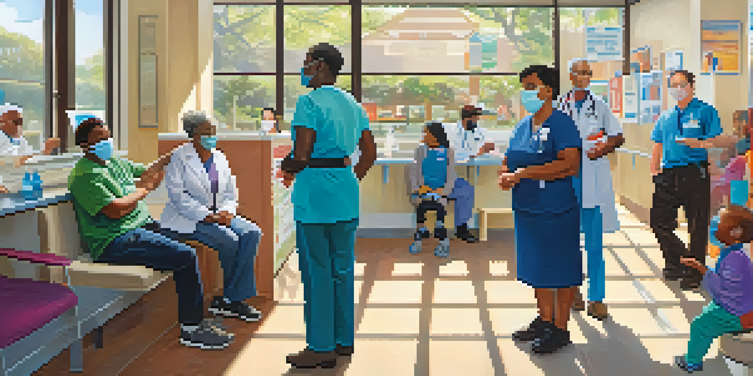 A diverse group of people at a community vaccination clinic, interacting with healthcare professionals in a bright and welcoming environment.