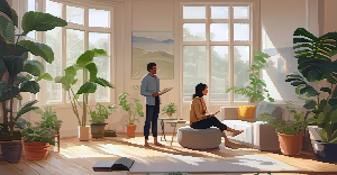 A health coach engaging with a young man in a bright room, surrounded by plants and natural light, creating a calm atmosphere.