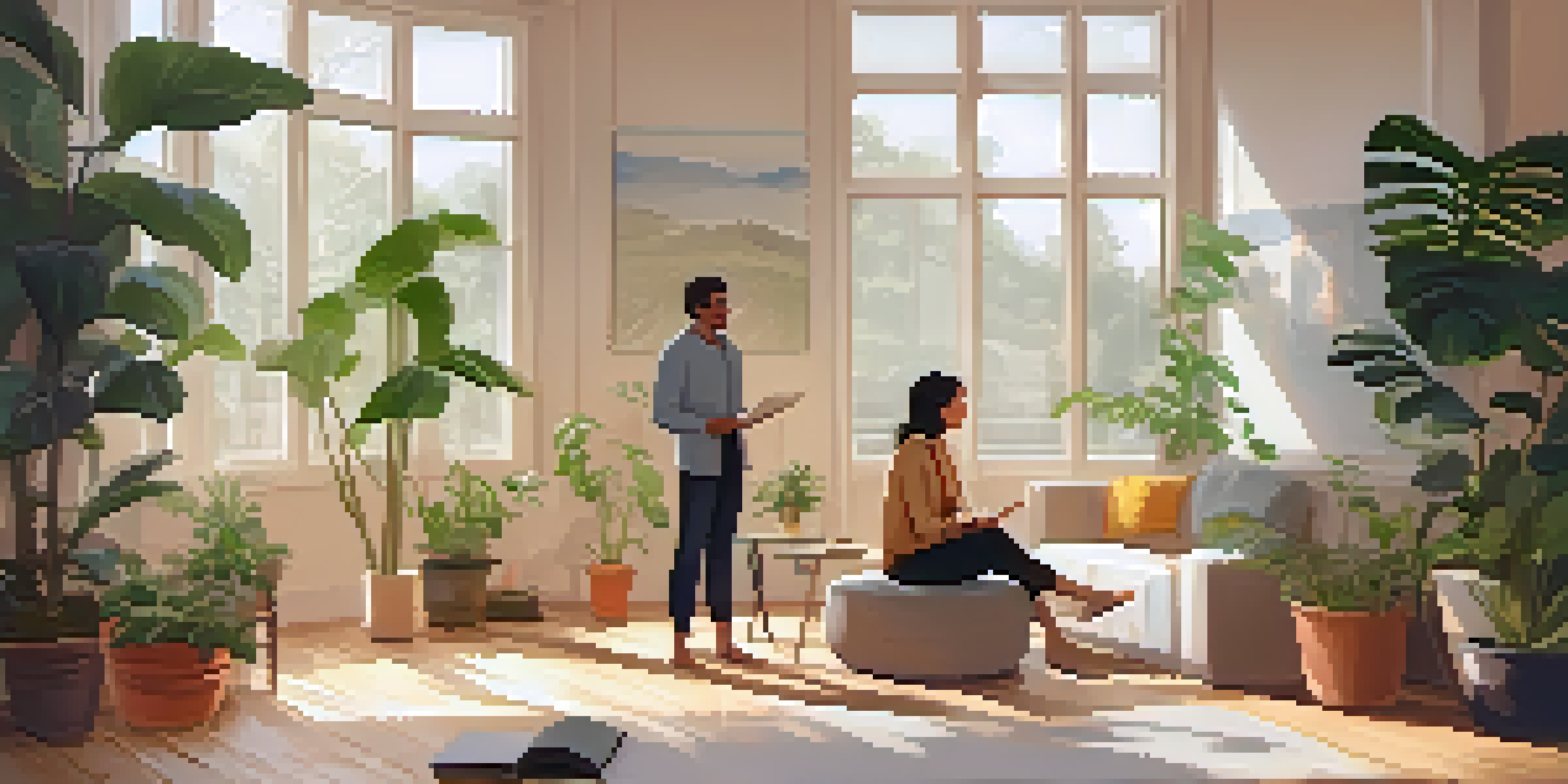 A health coach engaging with a young man in a bright room, surrounded by plants and natural light, creating a calm atmosphere.
