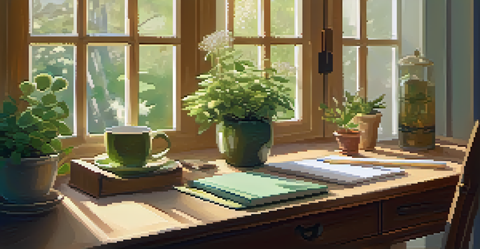 A peaceful workspace with a view of a garden, featuring a journal, herbal tea, and a potted plant, illuminated by warm sunlight.