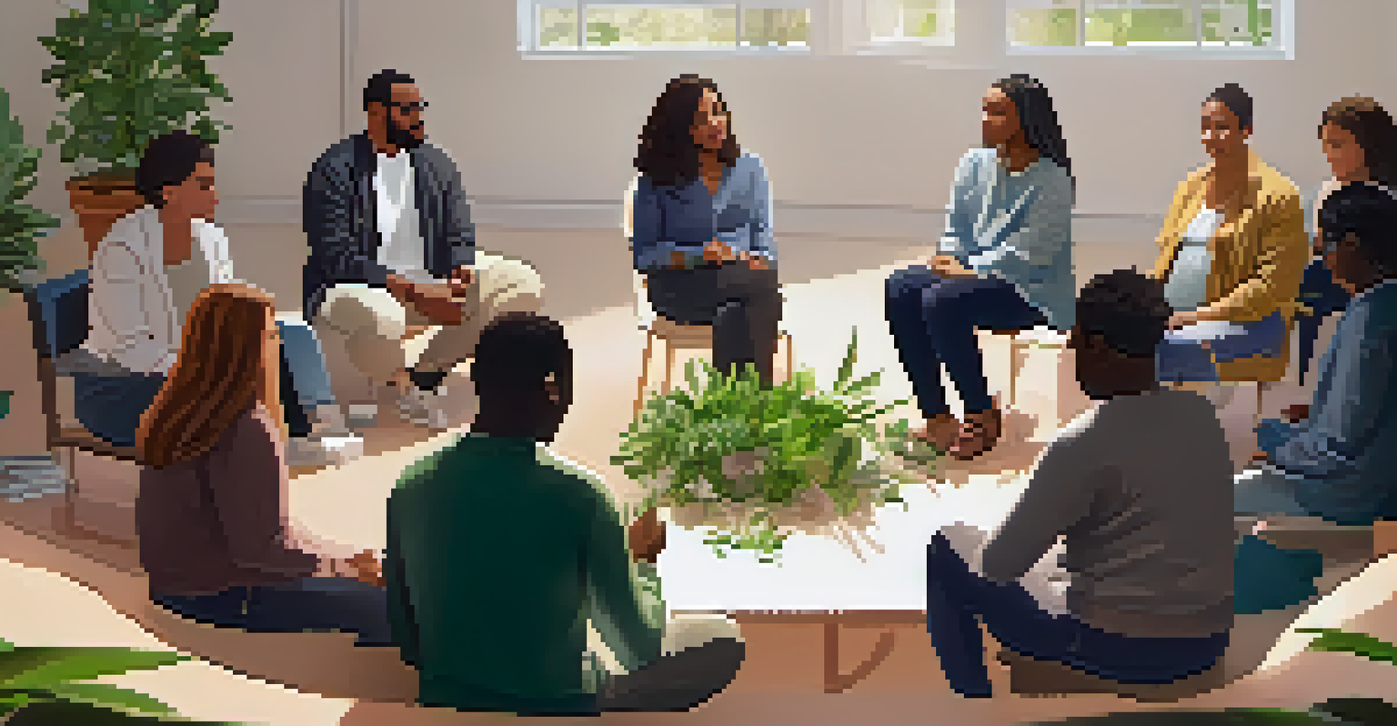 A diverse group of people in a support group, sharing and listening to each other in a warm setting.