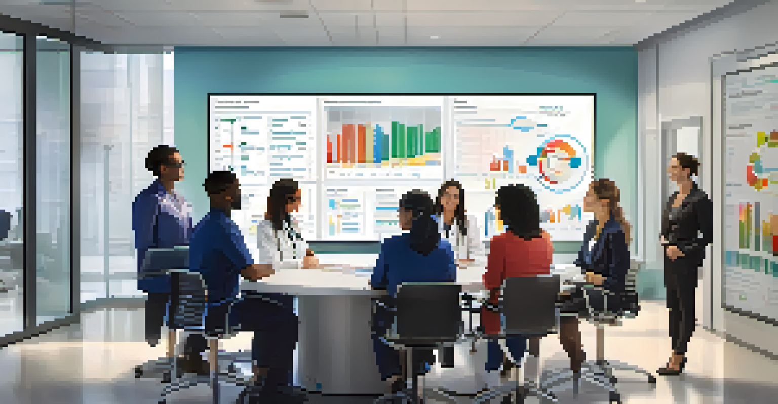 A diverse group of healthcare providers in a meeting room discussing population health analytics with a large screen displaying data trends.