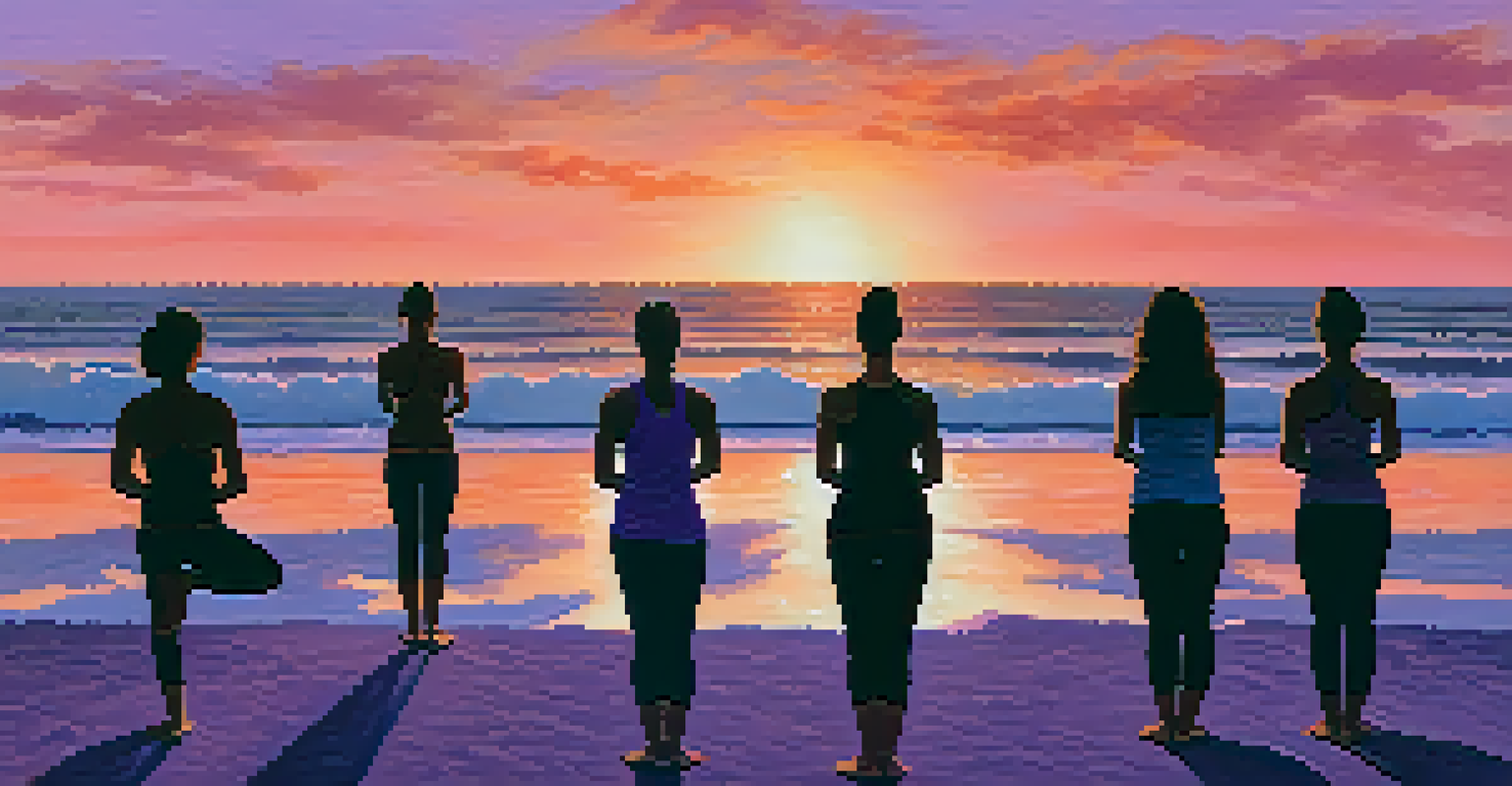 Participants doing yoga on a beach at sunset, with warm colors in the sky reflecting the peaceful atmosphere.