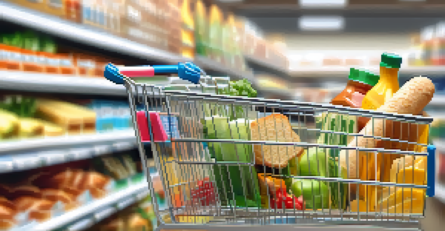 A grocery cart filled with organic and gluten-free products, showcasing various colorful labels.