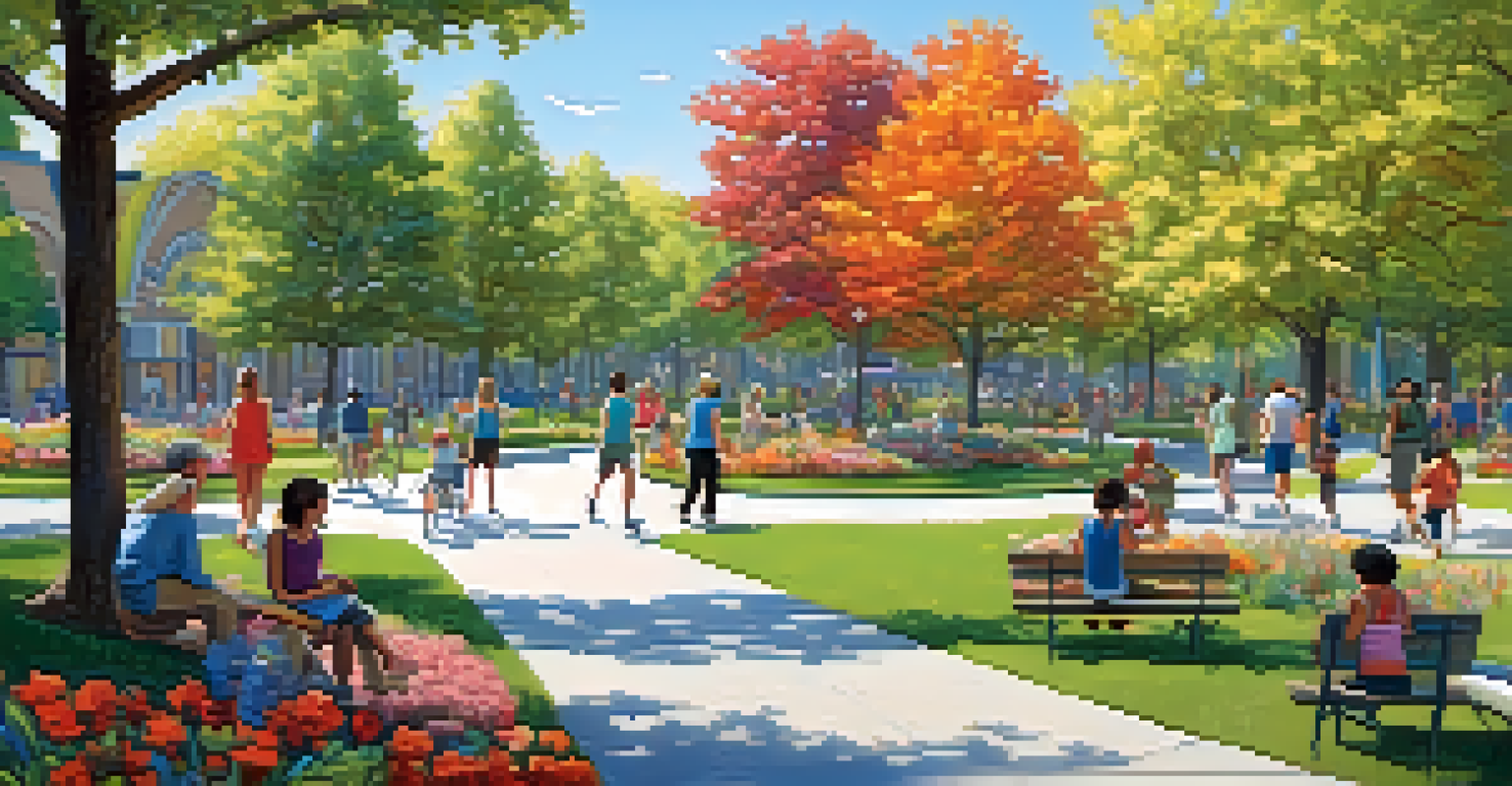 A serene park filled with people engaging in various activities like jogging, relaxing, and socializing.