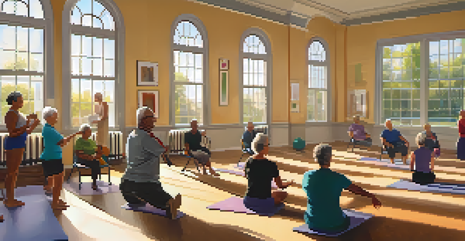 Seniors participating in a cool-down session, seated on chairs and performing relaxation stretches in a warm, well-lit room led by a gentle instructor.