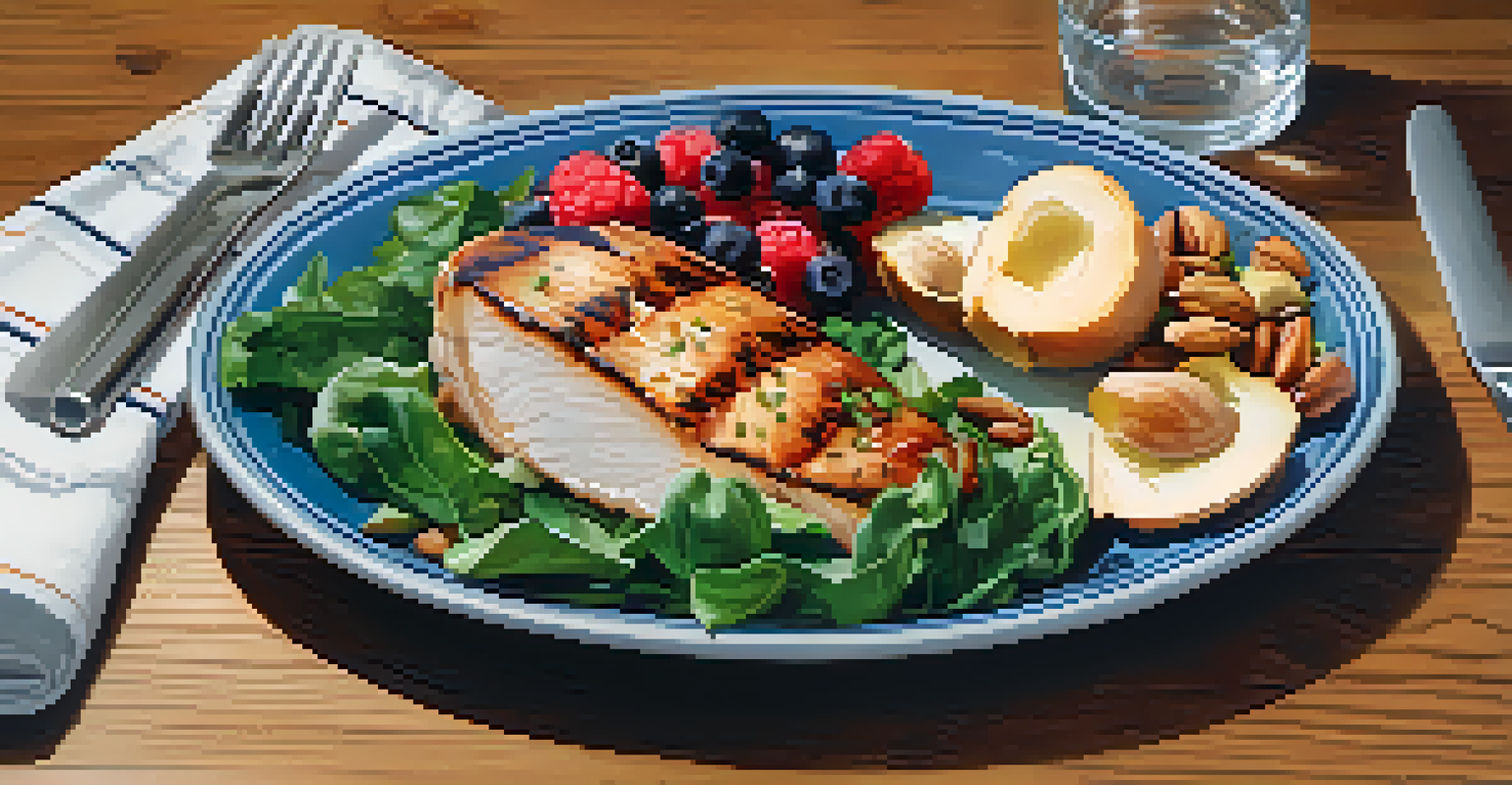 A close-up of a nutritious meal for an older adult, showcasing greens, chicken, nuts, and berries on a wooden table.
