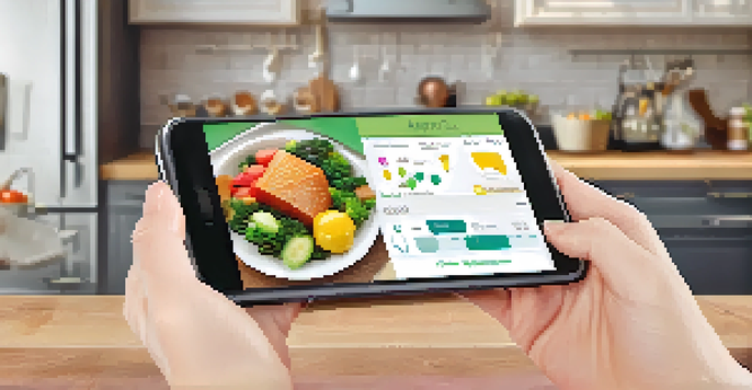 A smartphone in a kitchen displaying a food allergy management app with graphs and allergen tracking.