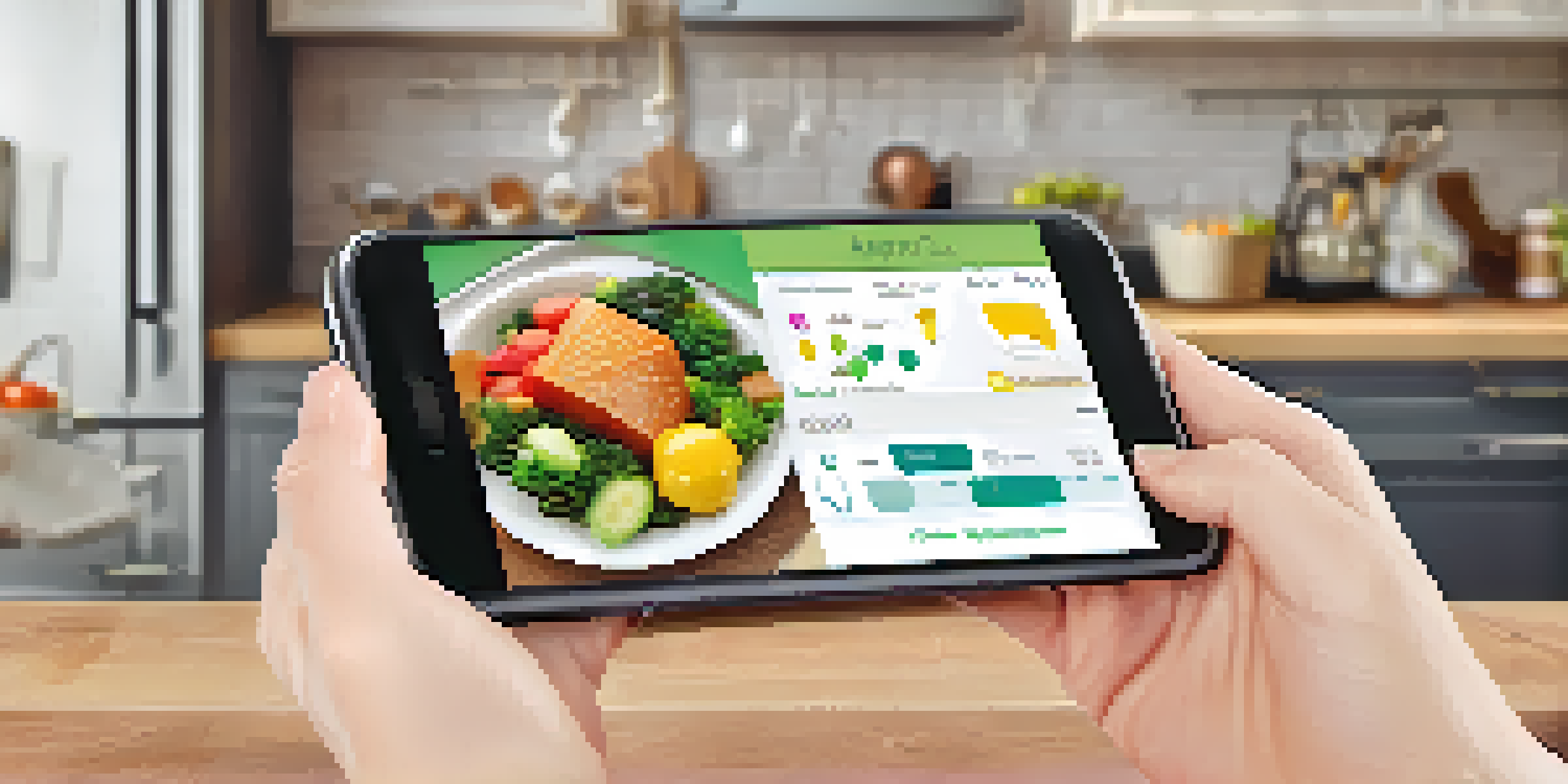 A smartphone in a kitchen displaying a food allergy management app with graphs and allergen tracking.
