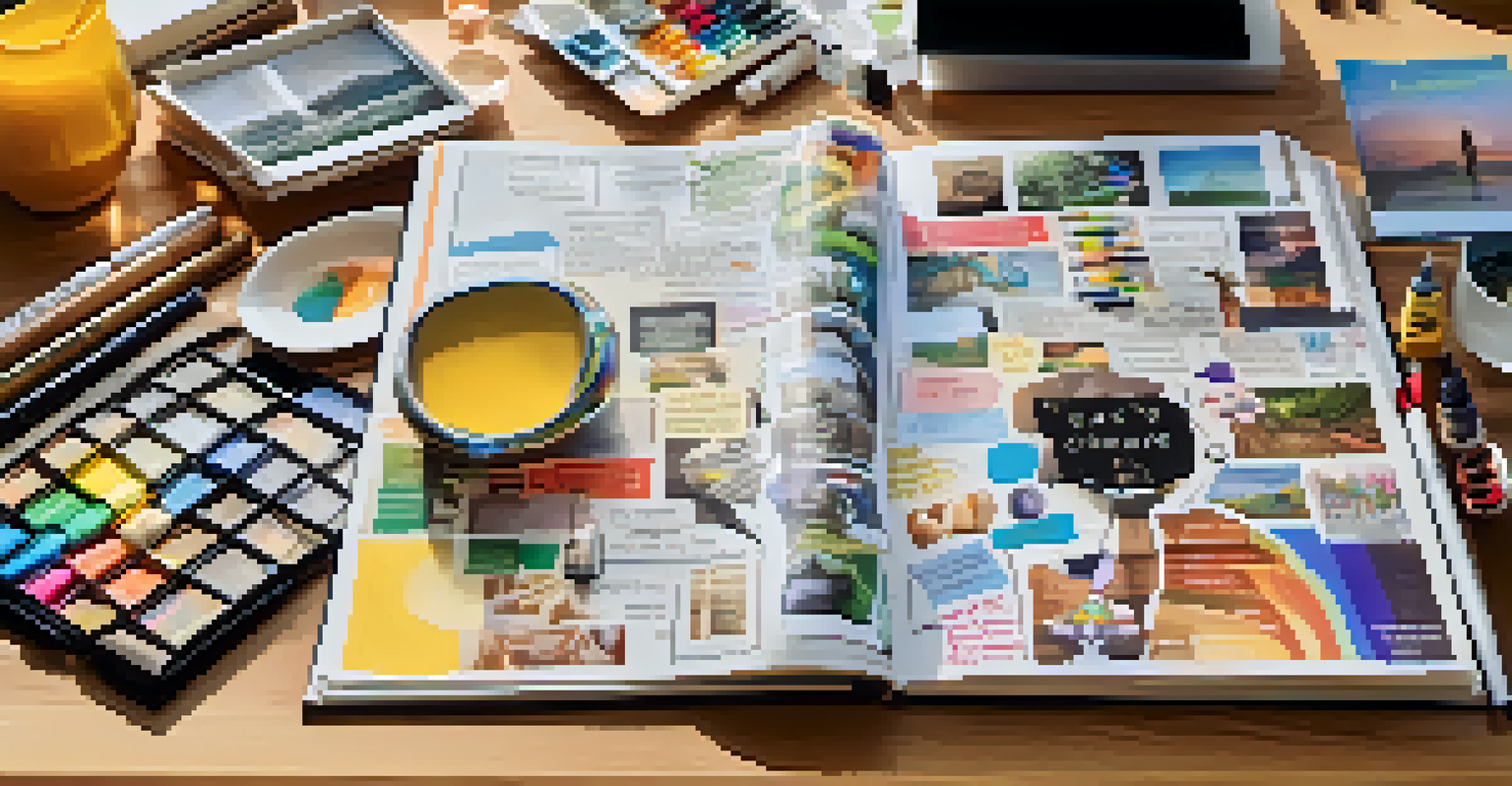 A vision board displaying health and wellness goals with images and words, surrounded by art supplies.
