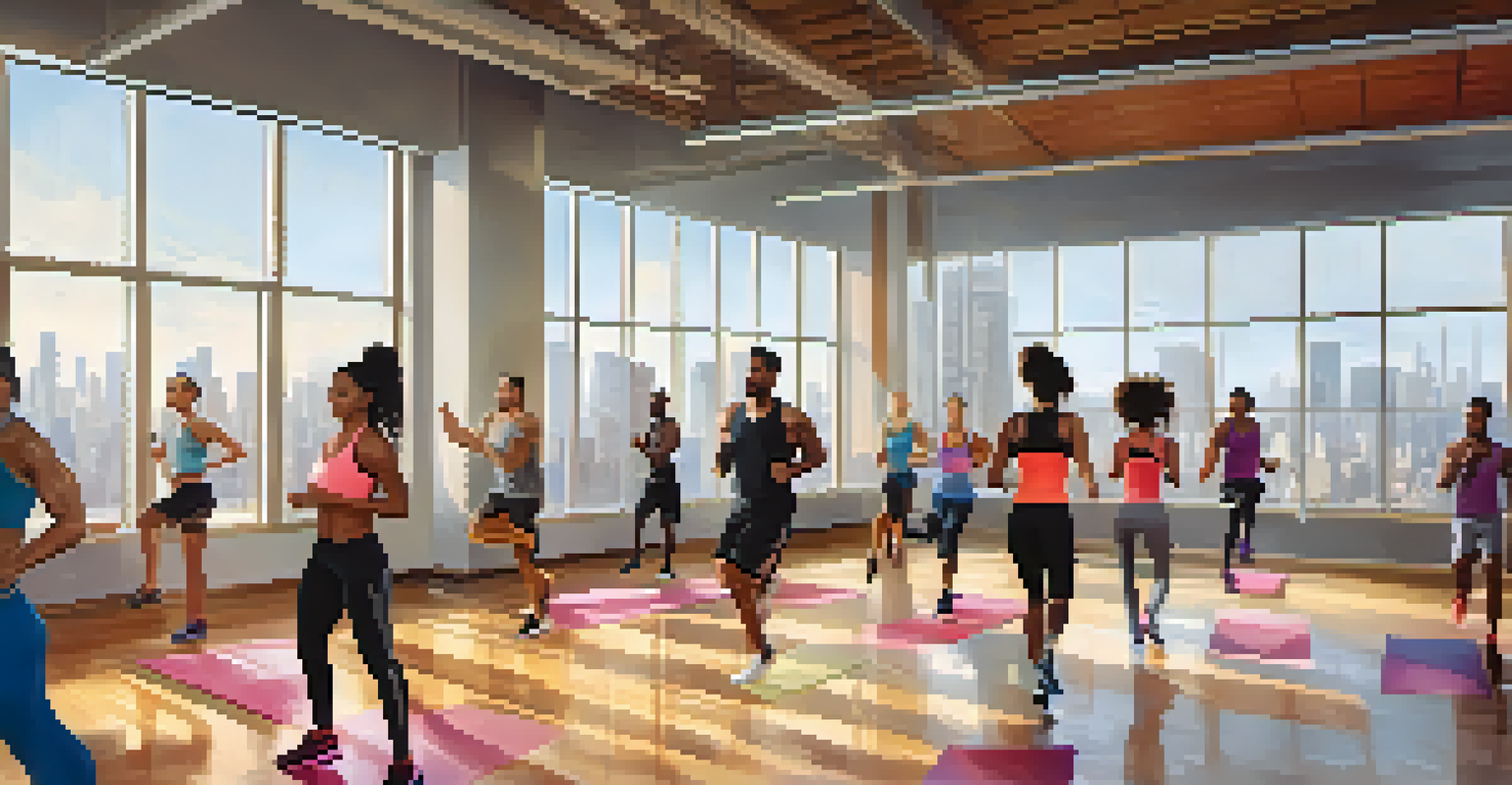 A diverse group of people in a lively fitness class at a gym, smiling and encouraging each other.