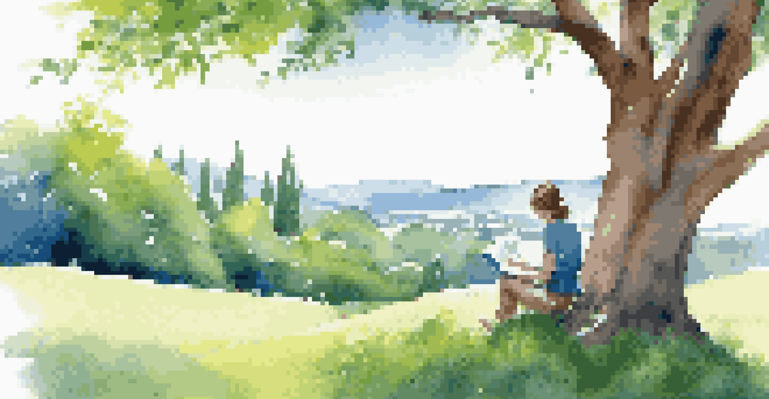 A person reading a book under a tree on a grassy hill, surrounded by nature.