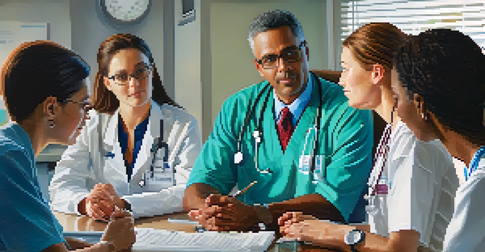 A healthcare provider with a diverse group of patients discussing pain management in a warm office setting.