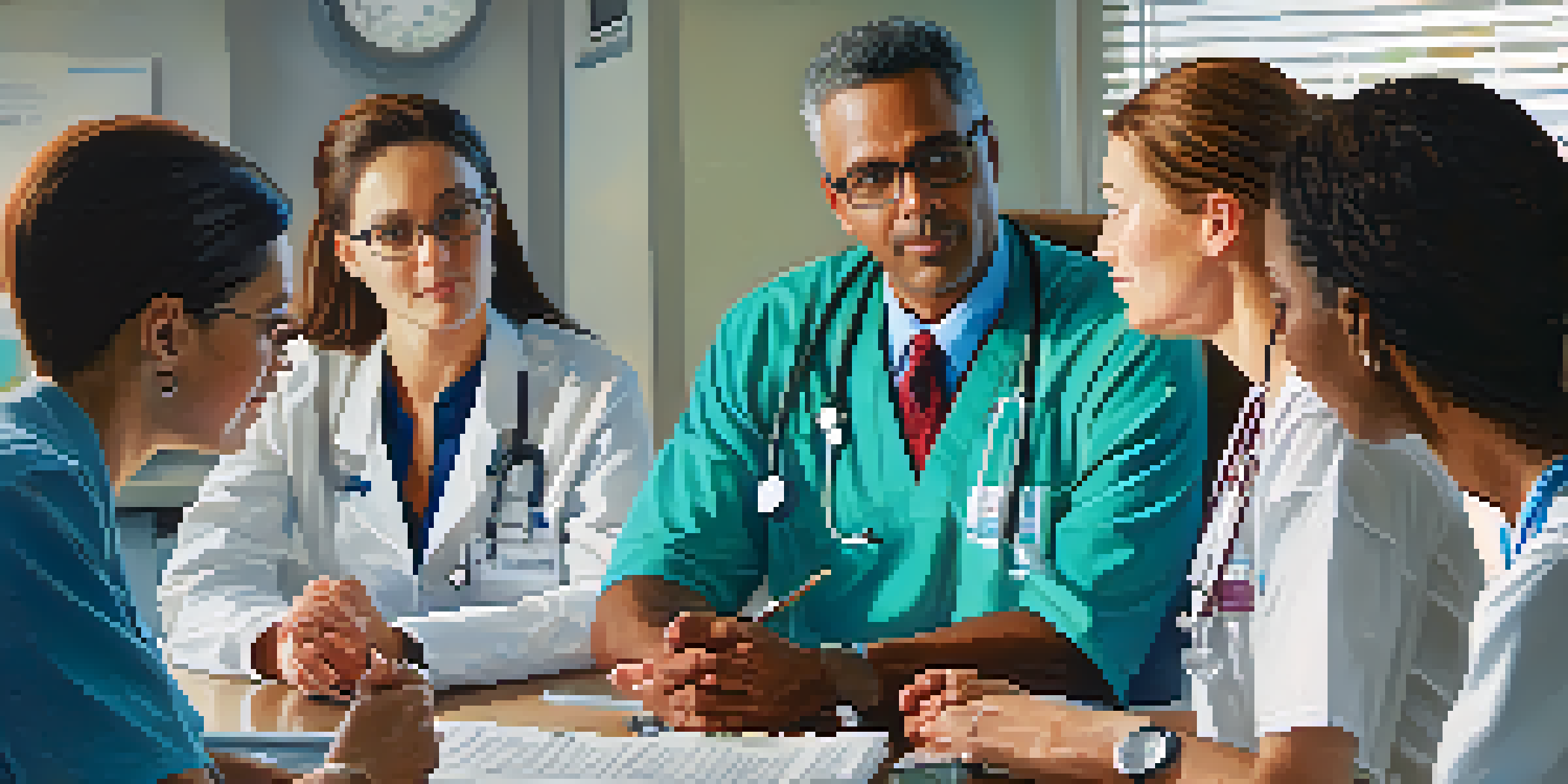 A healthcare provider with a diverse group of patients discussing pain management in a warm office setting.