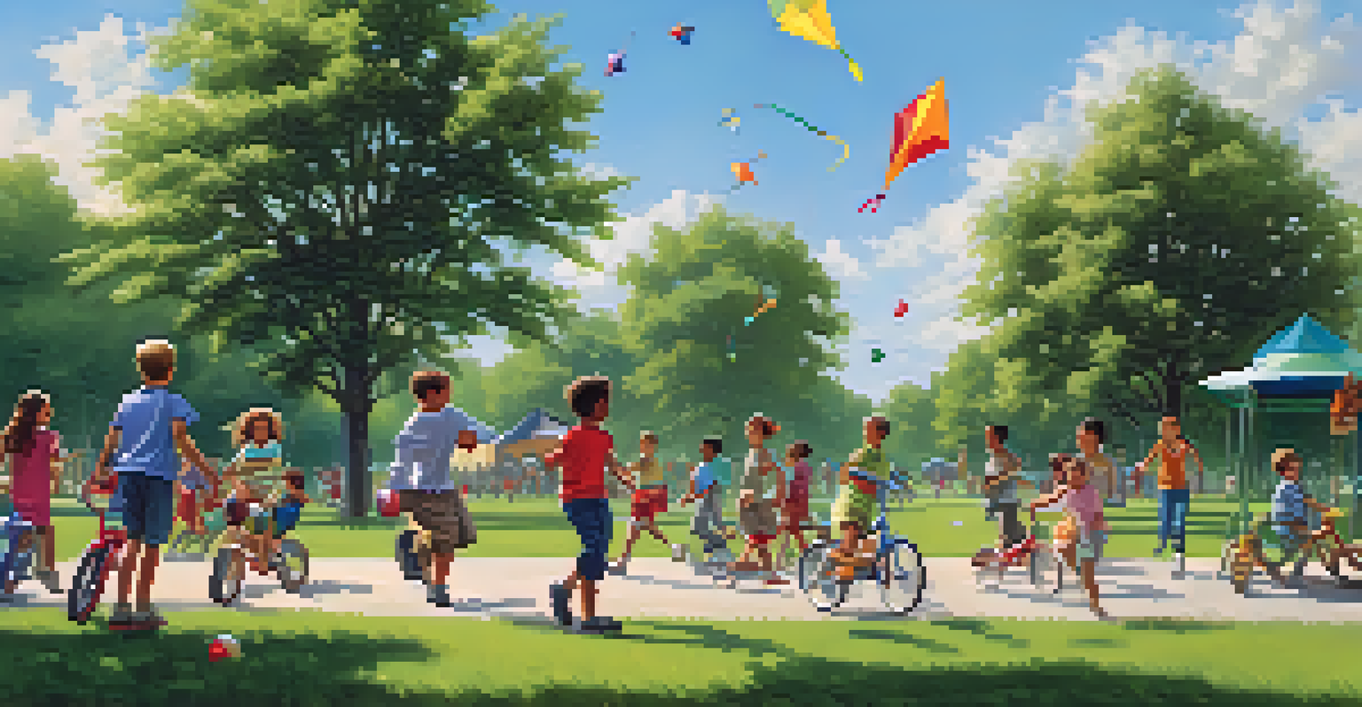 Children of different backgrounds enjoying various outdoor activities in a sunny park.