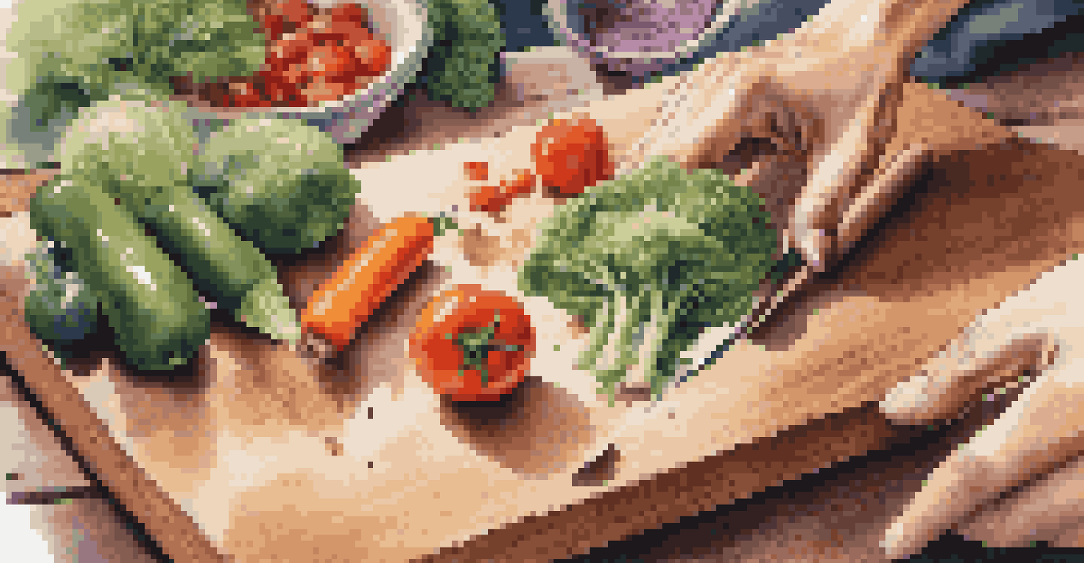 Close-up of hands chopping fresh vegetables on a wooden cutting board, showcasing vibrant colors.