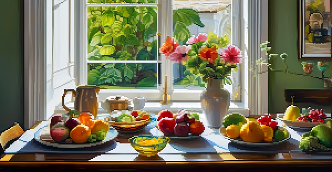 A person enjoying a meal in a serene kitchen setting, surrounded by fresh produce and soft natural light.