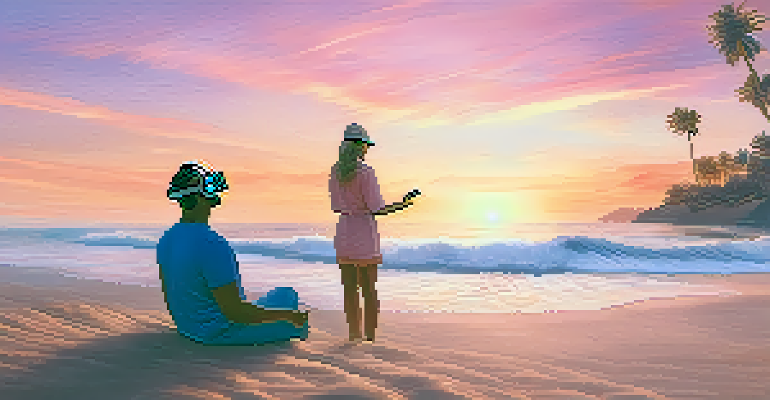 A therapist assisting a patient with a VR headset while showing a beautiful beach sunset scene in a virtual reality therapy session.