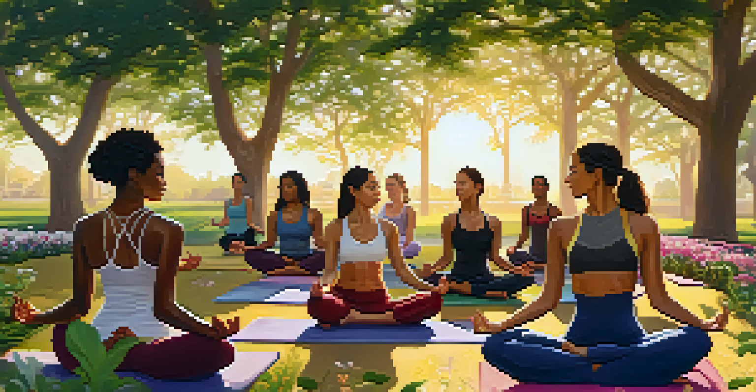 A group of women practicing yoga outdoors in a scenic park during sunset, surrounded by nature.