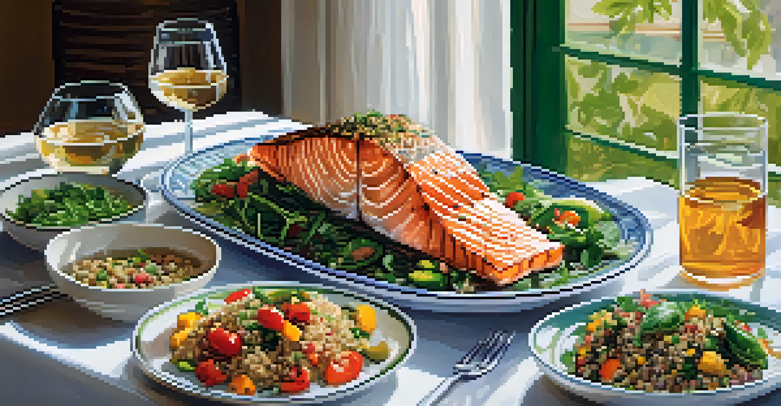 A dining table beautifully arranged with a Mediterranean meal including salmon and quinoa salad, with natural light illuminating the scene.