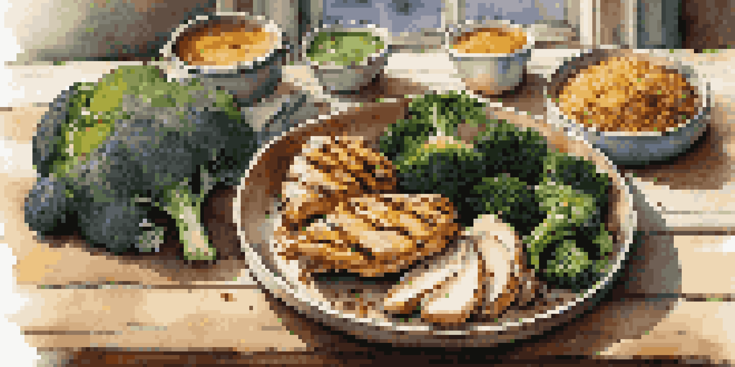 A balanced meal with grilled chicken, quinoa, and steamed broccoli on a rustic wooden table, illuminated by natural sunlight.