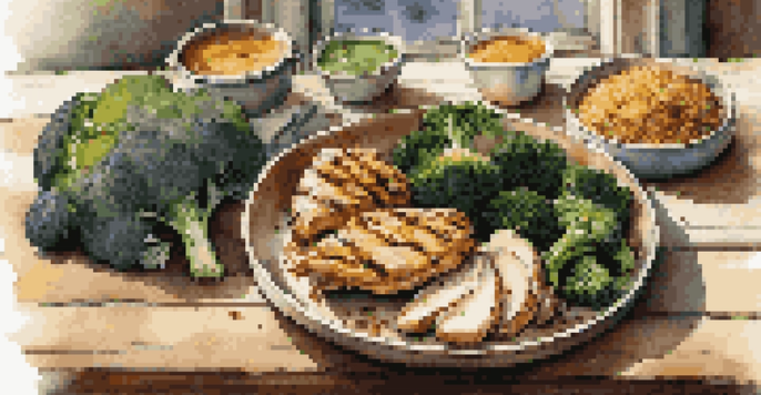 A balanced meal with grilled chicken, quinoa, and steamed broccoli on a rustic wooden table, illuminated by natural sunlight.
