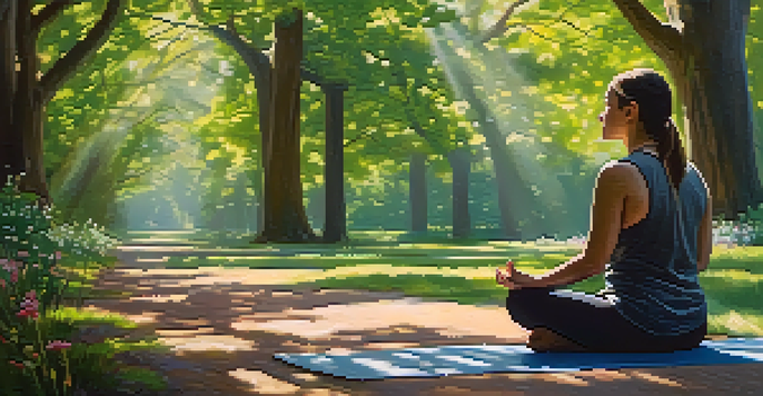 A person meditating in a tranquil park, surrounded by nature and dappled sunlight.