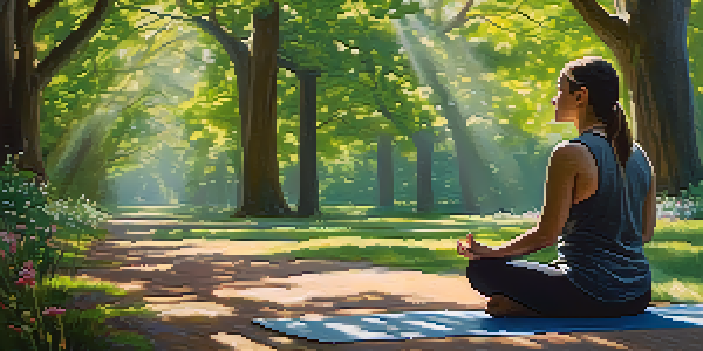 A person meditating in a tranquil park, surrounded by nature and dappled sunlight.
