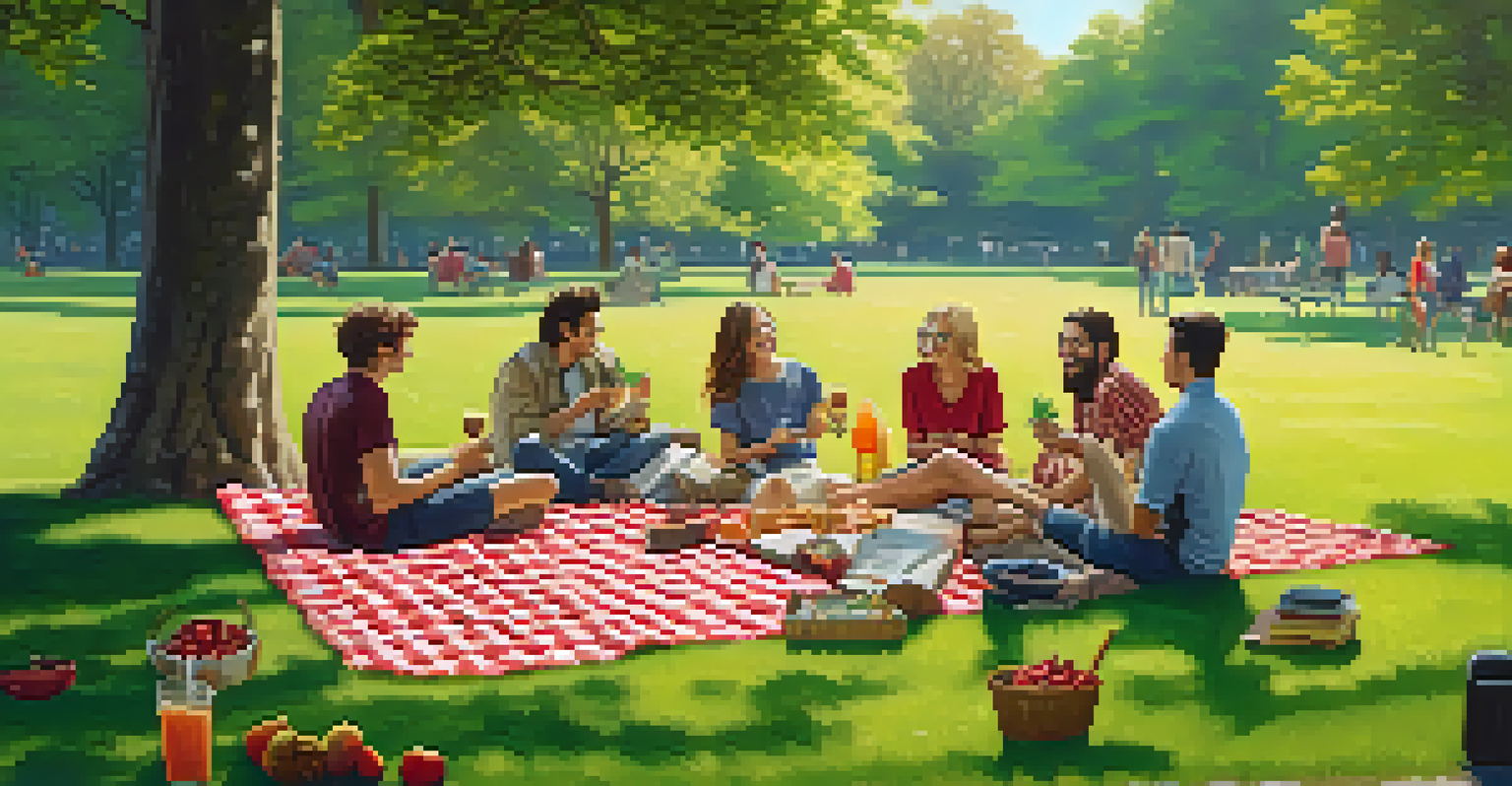 A group of friends enjoying a picnic in the park, surrounded by food and laughter.