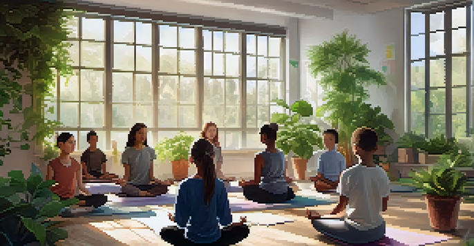 A classroom filled with students practicing mindfulness meditation on yoga mats, illuminated by soft natural light from large windows, surrounded by greenery.