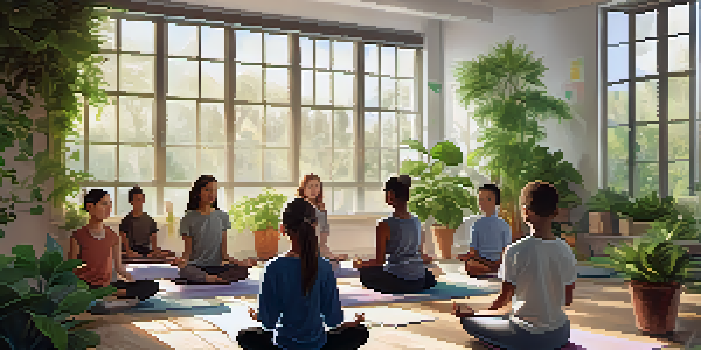 A classroom filled with students practicing mindfulness meditation on yoga mats, illuminated by soft natural light from large windows, surrounded by greenery.