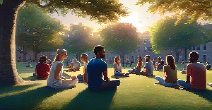 A diverse group of people sitting in a circle on the grass in a park during sunset, sharing their mental health experiences.