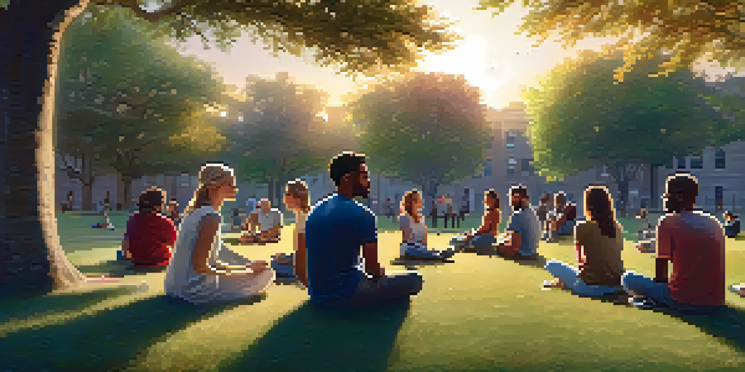 A diverse group of people sitting in a circle on the grass in a park during sunset, sharing their mental health experiences.