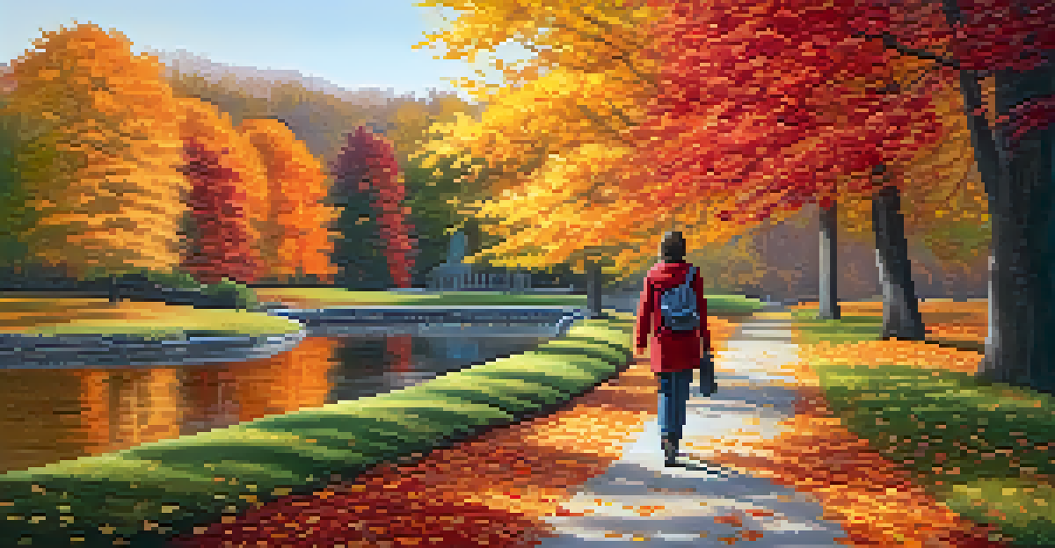 A person walking peacefully in an autumn park surrounded by colorful leaves, with a calm expression and a winding path ahead.