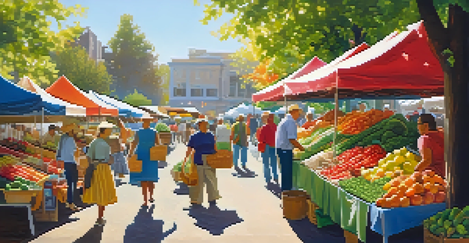 A lively farmer's market filled with colorful fruits and vegetables, sunlight filtering through trees, and people interacting with vendors.