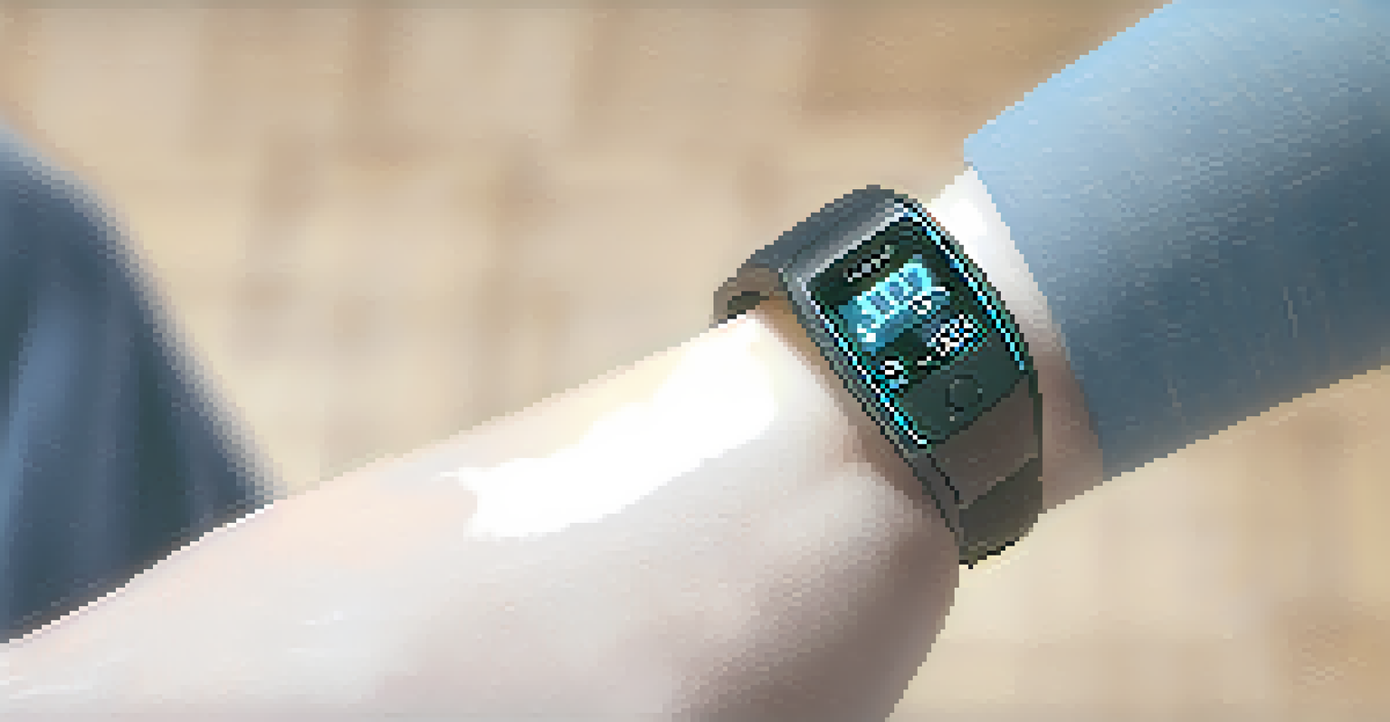 A close-up of a fitness tracker in the hand of a person with a prosthetic wrist, highlighting the importance of technology in fitness.