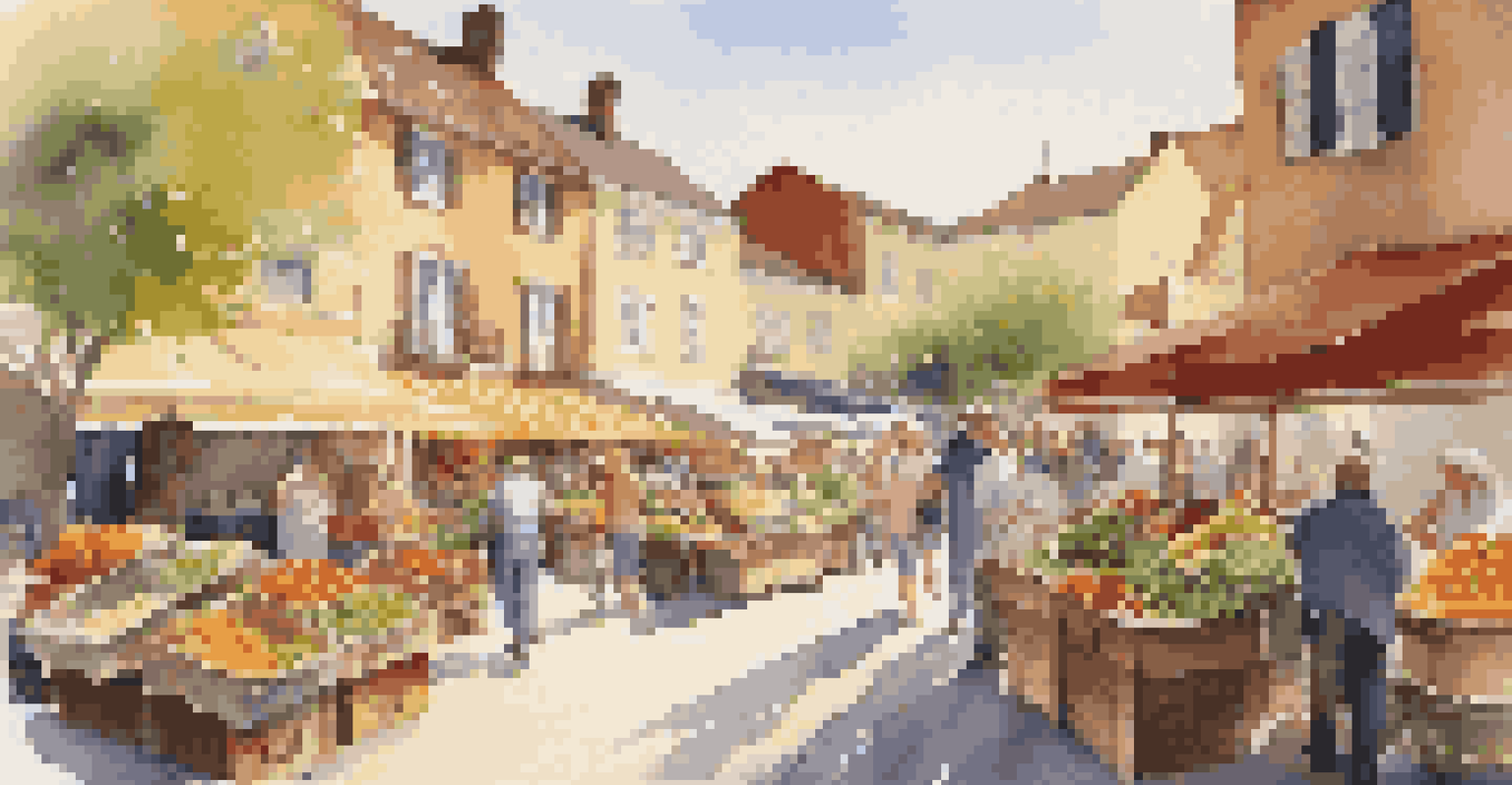 A bustling farmer's market in a town square, showcasing colorful fresh produce and flowers, with shoppers engaging with friendly vendors under the warm sunlight.
