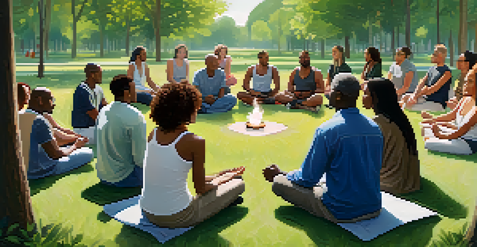 A diverse group of people sitting in a circle outdoors, discussing mindfulness in a supportive community setting.