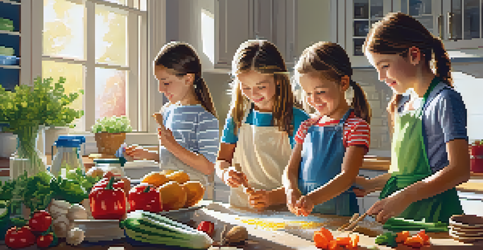 A family of four happily cooking in a bright kitchen, with children measuring ingredients and flour on their hands.