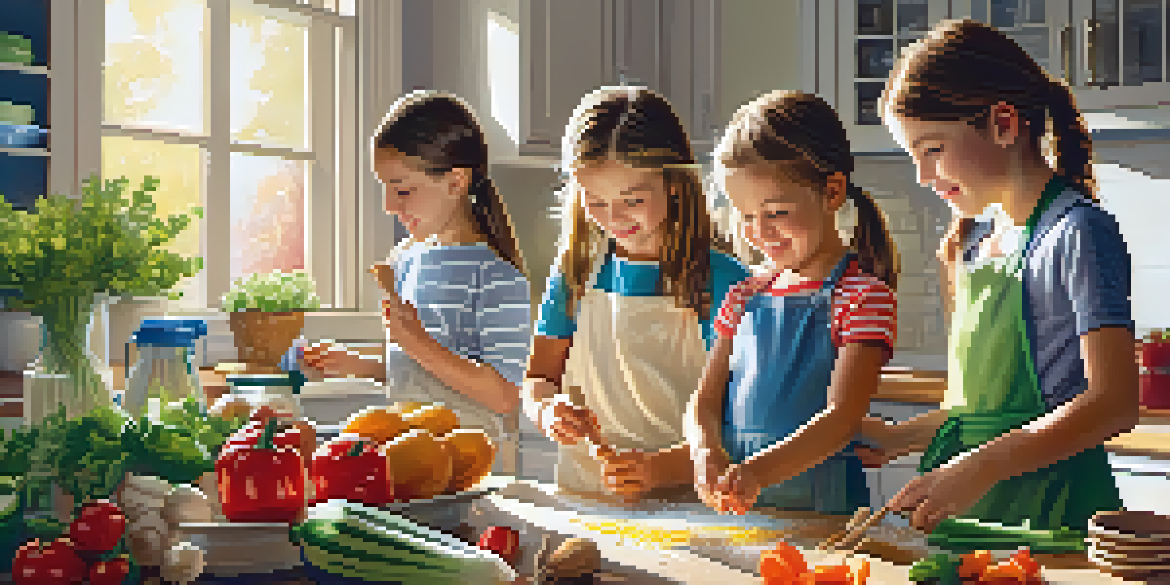 A family of four happily cooking in a bright kitchen, with children measuring ingredients and flour on their hands.