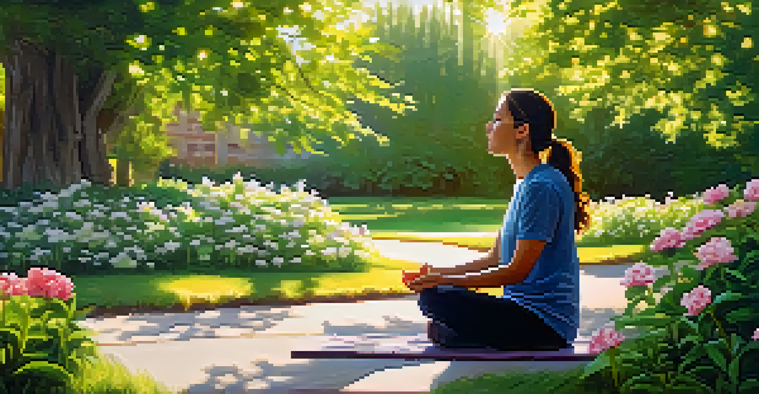 A person practicing deep breathing in a green park with flowers and sunlight streaming through trees.