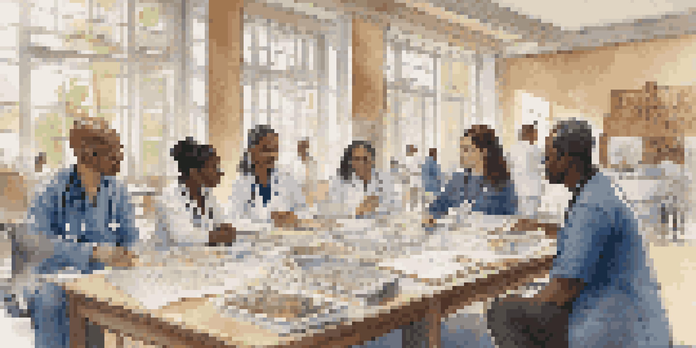 A diverse group of healthcare professionals in a training session, discussing cultural competency with various cultural artifacts around them.