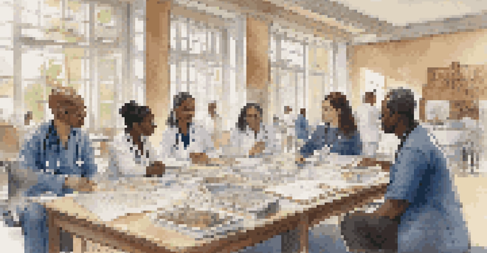 A diverse group of healthcare professionals in a training session, discussing cultural competency with various cultural artifacts around them.