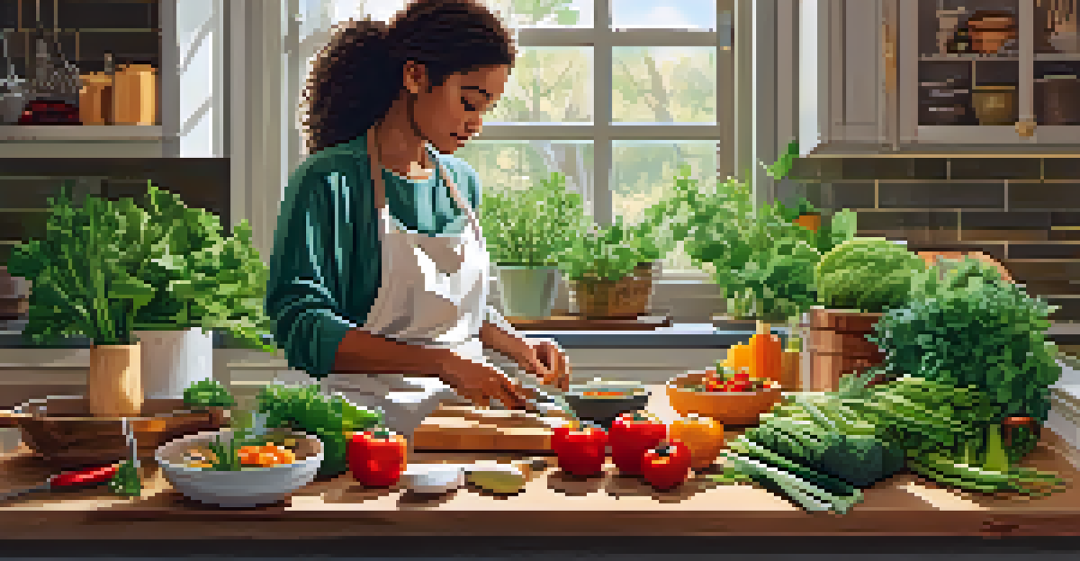 A person preparing a healthy meal in a cozy kitchen, with fresh vegetables and colorful ingredients on the counter.