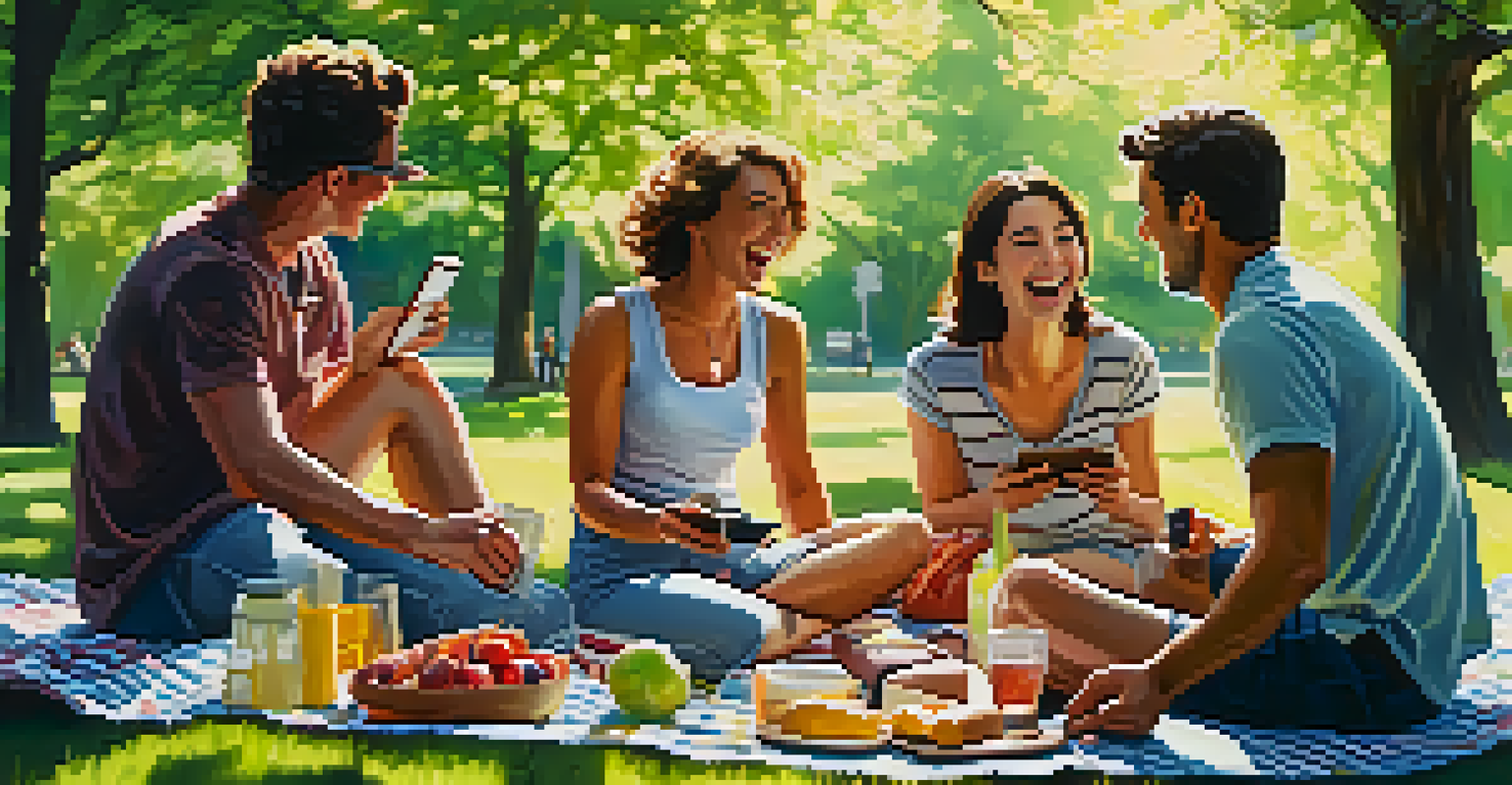 Friends enjoying a picnic in a park, laughing and engaging without devices, surrounded by greenery and sunlight.