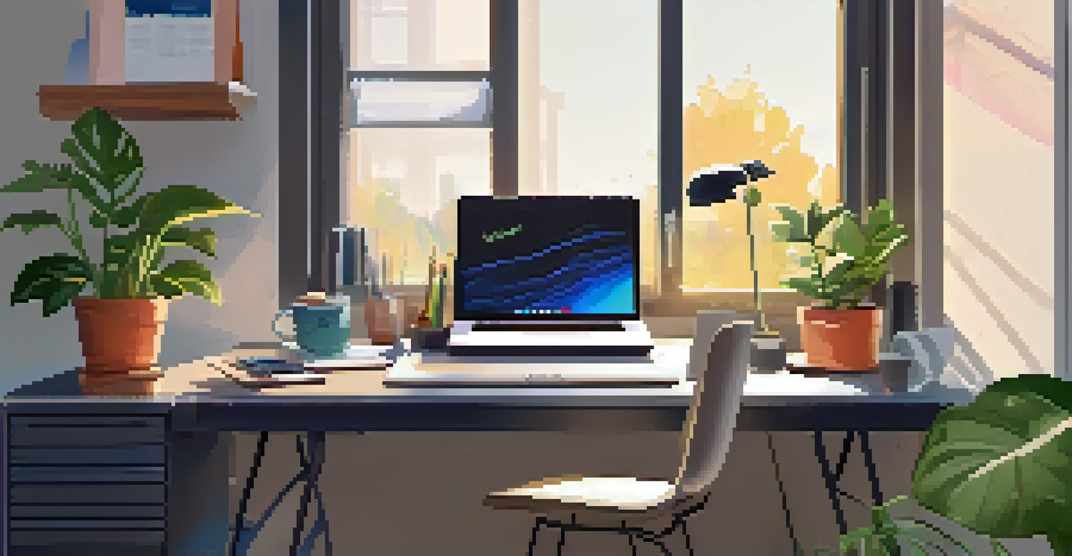 An organized workspace with a laptop showing a sleep tracking app, a colorful sleep diary, and a digital alarm clock, all in a bright and calm setting.